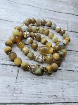 Camel-Agate, Yellow Opal and Matte Tiger's Eye gemstone bracelet set