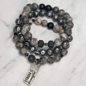 "Strong is Beautiful" Jasper and Lava Rock gemstone bracelet set