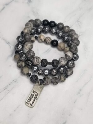 "Strong is Beautiful" Jasper and Lava Rock gemstone bracelet set