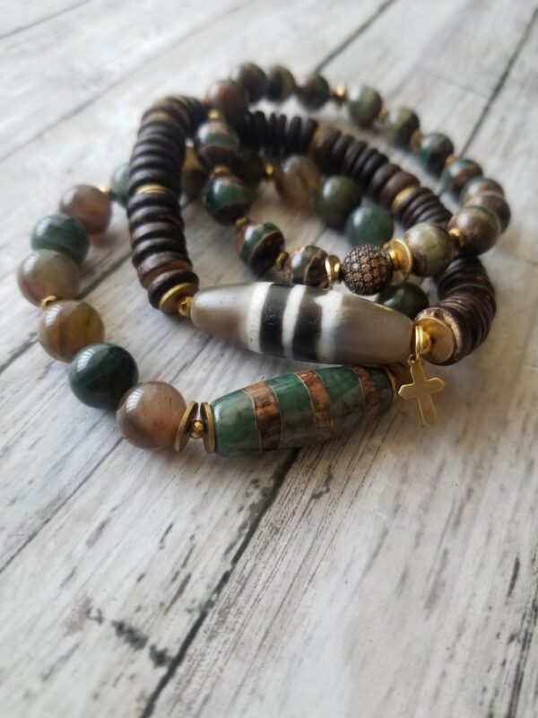 Forest Reed-Tibetan Agate, Jade and Wood gemstone bracelet set